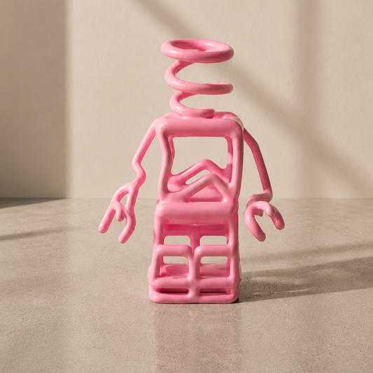 A pink ceramic figurine shaped like a minimalist person with a coiled spring for a head, displayed on a beige surface against a beige wall with soft diagonal shadows. Text on the left reads 'COLLECTION 001 003 SPRING BUDDY 20 x 15 x 30 CM 2019 GLISSY CERAMIC FINISH'.